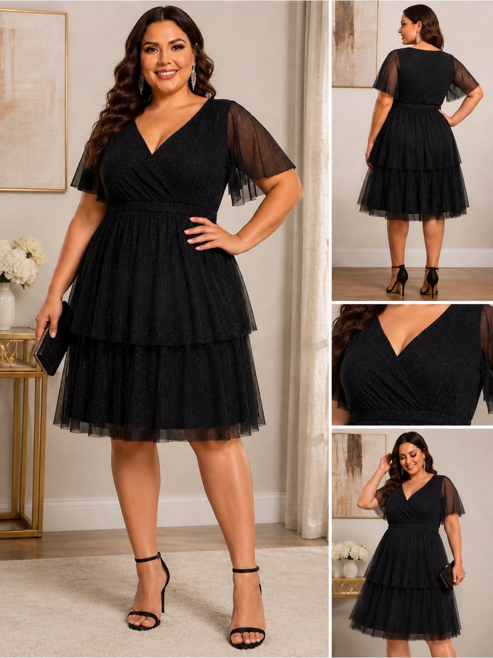 Candalite Women’s Black Glitter Tiered Tulle Cocktail Dress Size 3X NWT